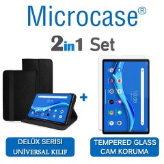 Microcase Lenovo M10 FHD Plus 10.3'' TB-X606 Delüx Serisi Universal Standlı Deri Kılıf - Siyah + Tempered Glass Cam Koruma