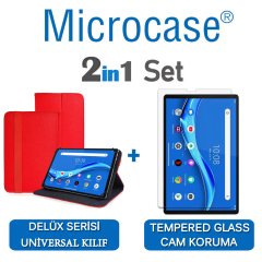 Microcase Lenovo M10 FHD Plus 10.3'' TB-X606 Delüx Serisi Universal Standlı Deri Kılıf - Kırmızı + Tempered Glass Cam Koruma