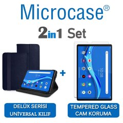 Microcase Lenovo M10 FHD Plus 10.3'' TB-X606 Delüx Serisi Universal Standlı Deri Kılıf - Lacivert + Tempered Glass Cam Koruma
