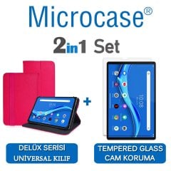 Microcase Lenovo M10 FHD Plus 10.3'' TB-X606 Delüx Serisi Universal Standlı Deri Kılıf - Pembe + Tempered Glass Cam Koruma