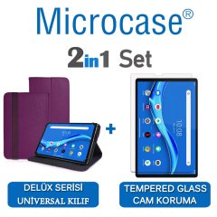 Microcase Lenovo M10 FHD Plus 10.3'' TB-X606 Delüx Serisi Universal Standlı Deri Kılıf - Mor + Tempered Glass Cam Koruma