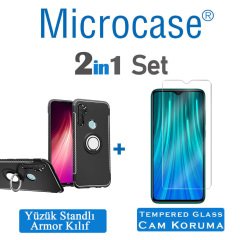 Microcase Xiaomi Redmi Note 8 Yüzük Standlı Armor Silikon Kılıf - Siyah + Tempered Glass Cam Koruma