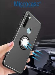 Microcase Xiaomi Redmi Note 8 Yüzük Standlı Armor Silikon Kılıf - Siyah + Tempered Glass Cam Koruma
