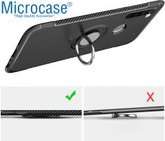 Microcase Xiaomi Redmi Note 8 Yüzük Standlı Armor Silikon Kılıf - Siyah + Tempered Glass Cam Koruma