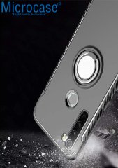 Microcase Xiaomi Redmi Note 8 Yüzük Standlı Armor Silikon Kılıf - Siyah + Tempered Glass Cam Koruma