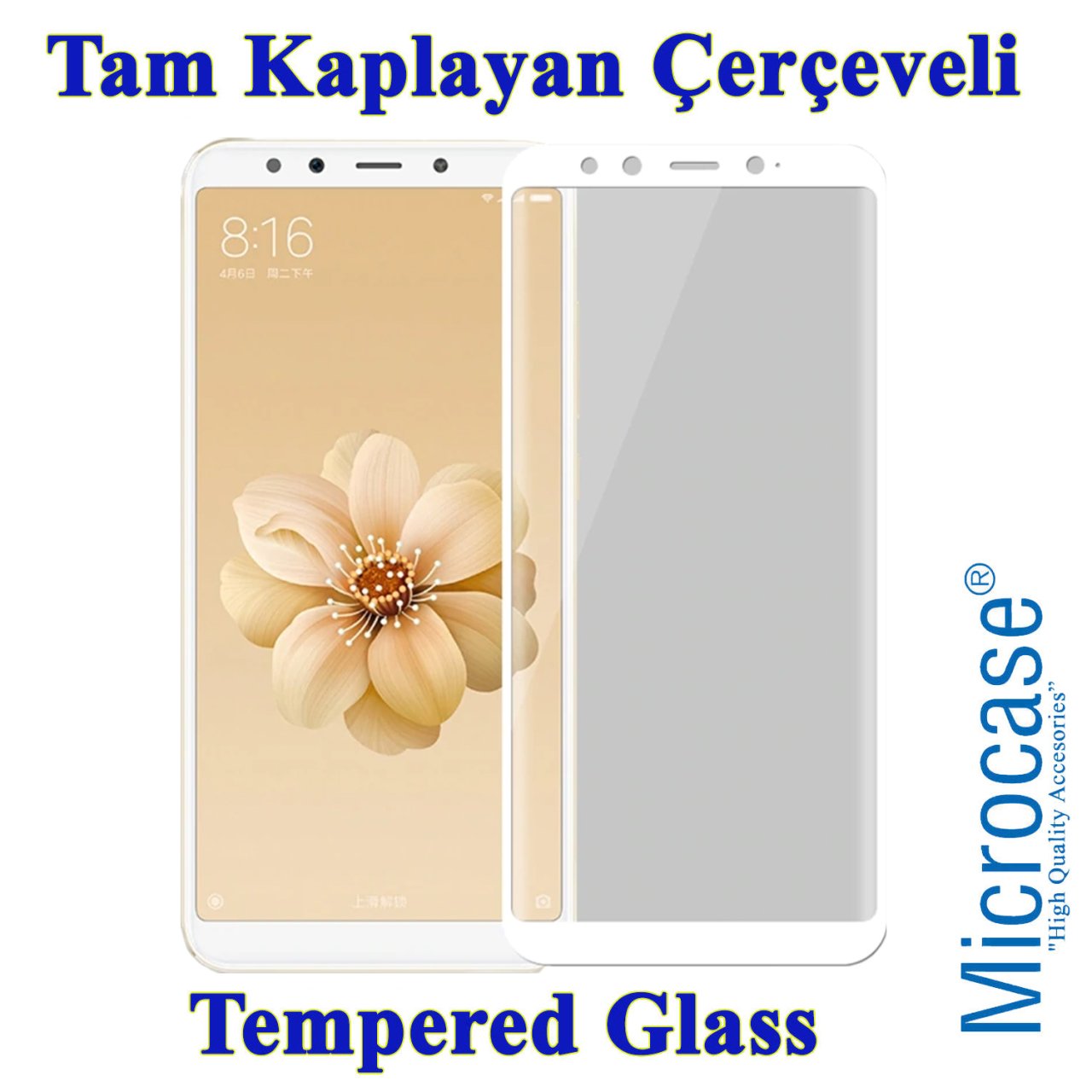 Microcase Xiaomi Mi 6X Mi A2 Tam Kaplayan Çerçeveli Tempered Cam