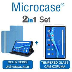 Microcase Lenovo M10 FHD Plus 10.3'' TB-X606 Delüx Serisi Universal Standlı Deri Kılıf - Turkuaz + Tempered Glass Cam Koruma