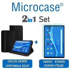 Microcase Lenovo M10 FHD Plus 10.3'' TB-X606 Delüx Serisi Universal Standlı Deri Kılıf - Siyah + Nano Esnek Ekran Koruma Filmi