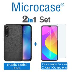 Microcase Xiaomi Mi 9 Lite Fabrik Serisi Kumaş ve Deri Desen Kılıf - Siyah + Tempered Glass Cam Koruma