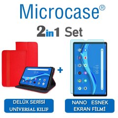 Microcase Lenovo M10 FHD Plus 10.3'' TB-X606 Delüx Serisi Universal Standlı Deri Kılıf - Kırmızı + Nano Esnek Ekran Koruma Filmi
