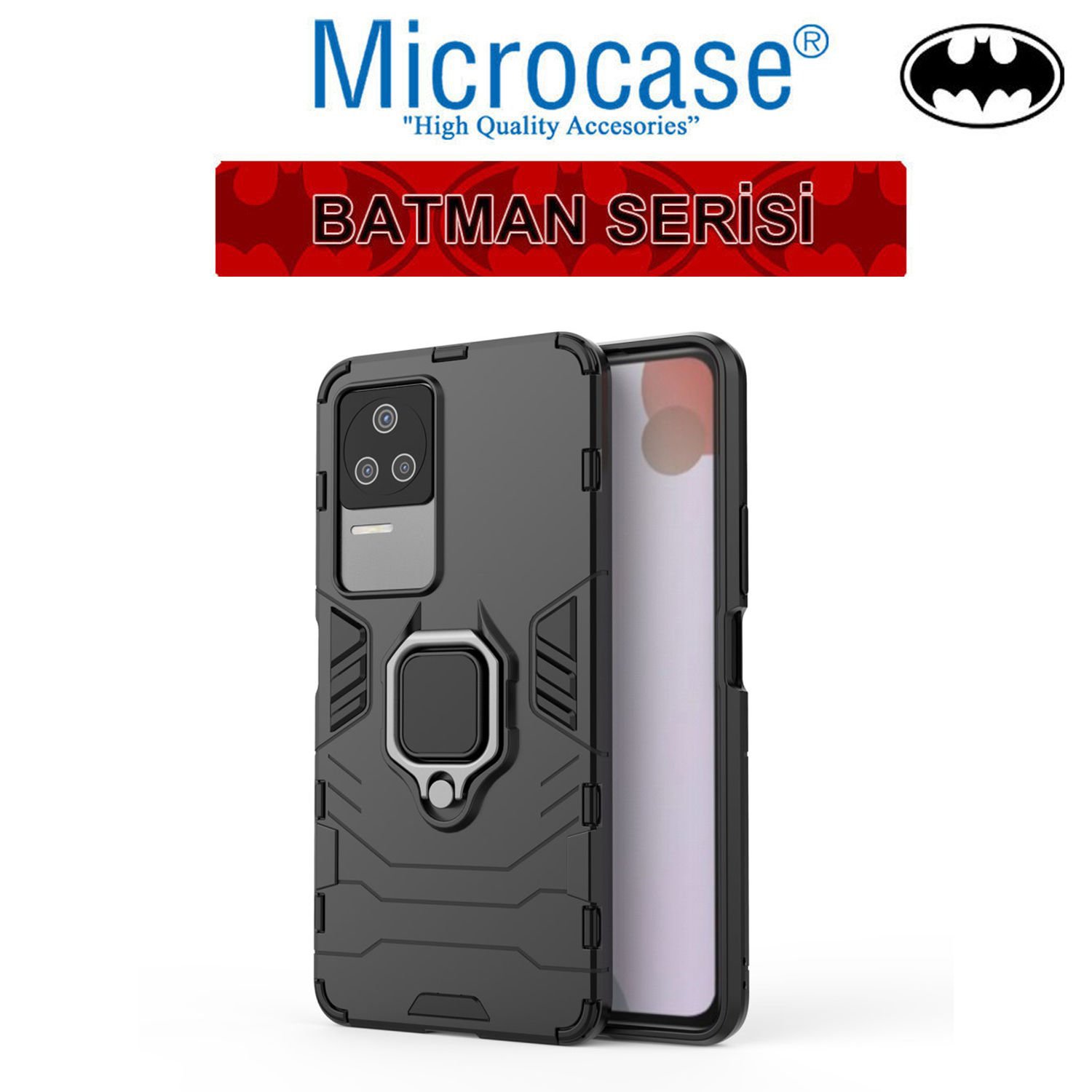 Microcase Xiaomi Poco F4 Batman Serisi Yüzük Standlı Armor Kılıf - Siyah