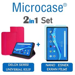 Microcase Lenovo M10 FHD Plus 10.3'' TB-X606 Delüx Serisi Universal Standlı Deri Kılıf - Pembe + Nano Esnek Ekran Koruma Filmi