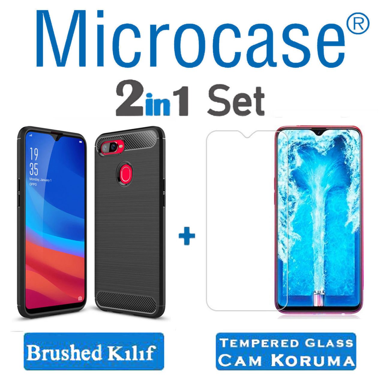 Microcase Oppo A5S Brushed Carbon Fiber Silikon Kılıf - Siyah + Tempered Glass Cam Koruma