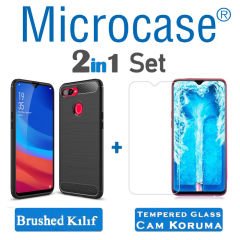 Microcase Oppo A5S Brushed Carbon Fiber Silikon Kılıf - Siyah + Tempered Glass Cam Koruma