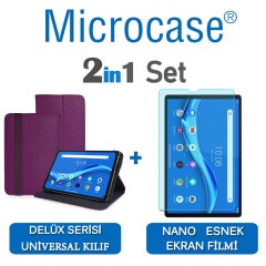 Microcase Lenovo M10 FHD Plus 10.3'' TB-X606 Delüx Serisi Universal Standlı Deri Kılıf - Mor + Nano Esnek Ekran Koruma Filmi