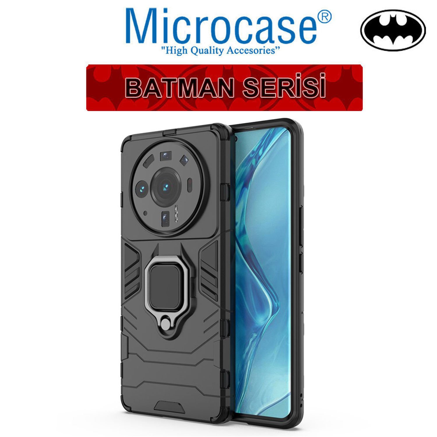 Microcase Xiaomi Mi 12S Ultra Batman Serisi Yüzük Standlı Armor Kılıf - Siyah