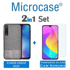 Microcase Xiaomi Mi CC9e - Mi A3 Fabrik Serisi Kumaş ve Deri Desen Kılıf - Gri + Tempered Glass Cam Koruma