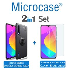 Microcase Xiaomi Mi A3 - Mi CC9e Focus Serisi Yüzük Standlı Silikon Kılıf - Siyah + Tempered Glass Cam Koruma