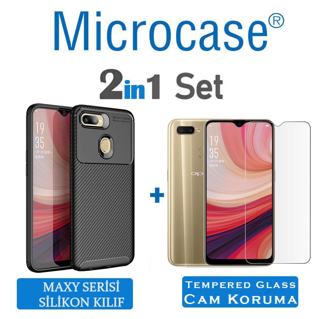 Microcase Oppo A5S Maxy Serisi Carbon Fiber Silikon Kılıf - Siyah + Tempered Glass Cam Koruma