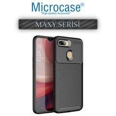 Microcase Oppo A5S Maxy Serisi Carbon Fiber Silikon Kılıf - Siyah + Tempered Glass Cam Koruma