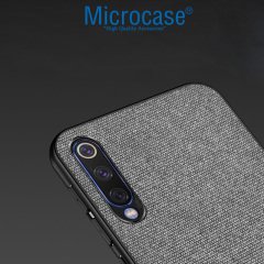 Microcase Xiaomi Mi CC9e - Mi A3 Fabrik Serisi Kumaş ve Deri Desen Kılıf - Gri + Tempered Glass Cam Koruma