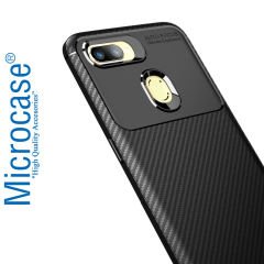 Microcase Oppo A5S Maxy Serisi Carbon Fiber Silikon Kılıf - Siyah + Tempered Glass Cam Koruma