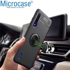 Microcase Xiaomi Mi A3 - Mi CC9e Focus Serisi Yüzük Standlı Silikon Kılıf - Siyah + Tempered Glass Cam Koruma