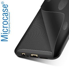Microcase Oppo A5S Maxy Serisi Carbon Fiber Silikon Kılıf - Siyah + Tempered Glass Cam Koruma