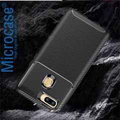 Microcase Oppo A5S Maxy Serisi Carbon Fiber Silikon Kılıf - Siyah + Tempered Glass Cam Koruma