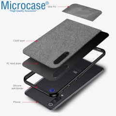 Microcase Xiaomi Mi CC9e - Mi A3 Fabrik Serisi Kumaş ve Deri Desen Kılıf - Gri + Tempered Glass Cam Koruma