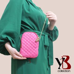 YB Collection Kapitone Deri Kumaş Zincir Boyun Askılıklı Telefon Çantası Cüzdan Pembe AL3943