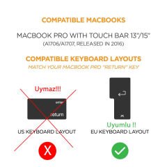 Microcase Macbook Pro 13.3 TouchBar A1706-08 için EUKlavye Koru-G