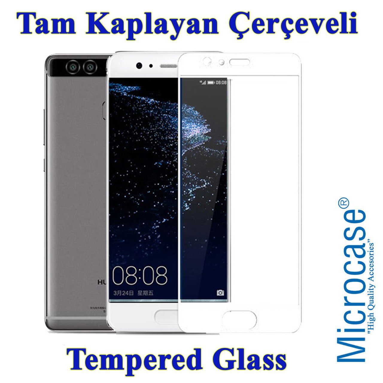 Huawei P10 Tam Kaplayan Çerçeveli Tempered Ekran Koruyucu-BEYAZ