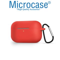 Microcase Airpods Pro Kulaklık ve Şarj Ünitesi için Silikon Kılıf + Kulaklık Askılık + Çengel - Kırmızı
