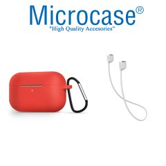 Microcase Airpods Pro Kulaklık ve Şarj Ünitesi için Silikon Kılıf + Kulaklık Askılık + Çengel - Kırmızı