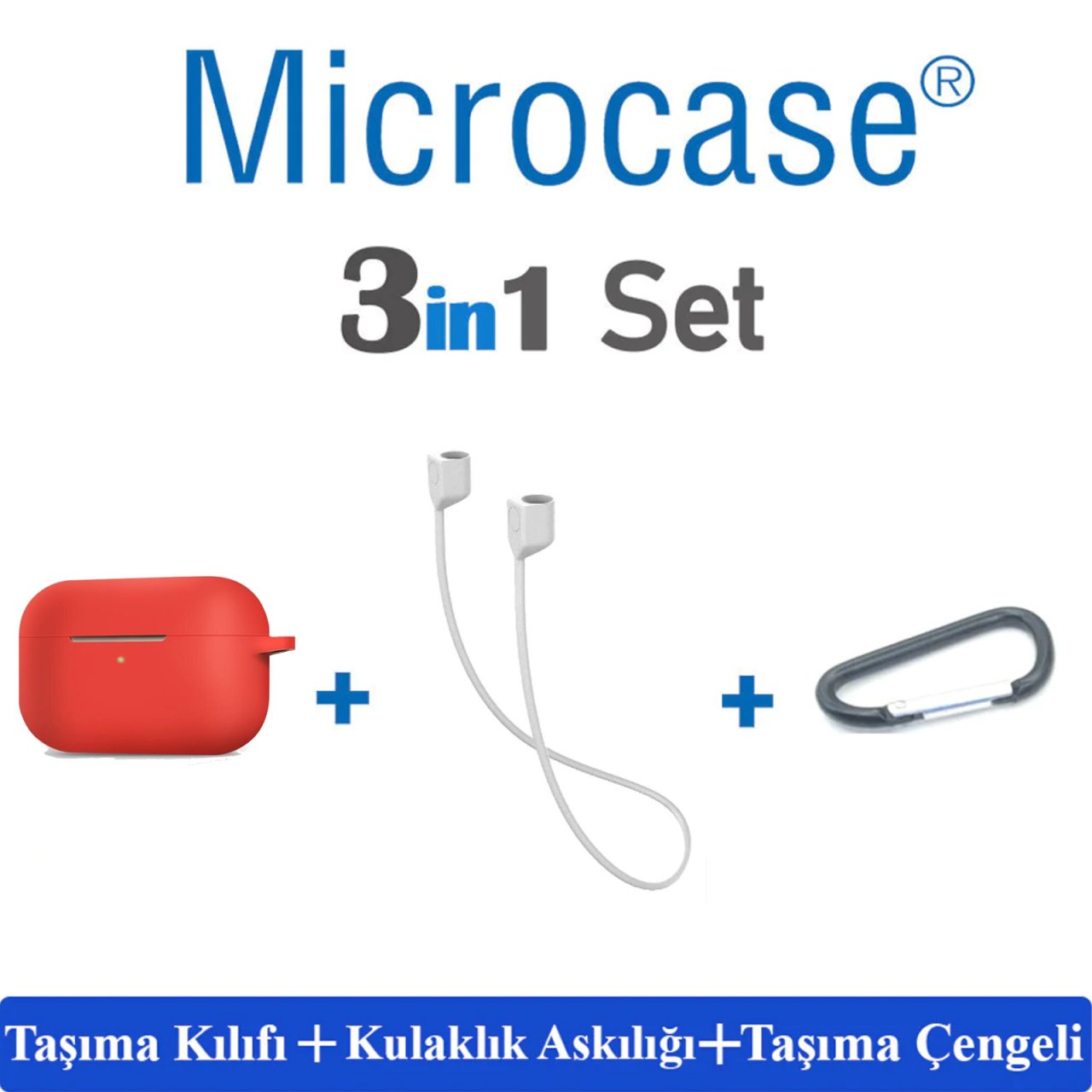 Microcase Airpods Pro Kulaklık ve Şarj Ünitesi için Silikon Kılıf + Kulaklık Askılık + Çengel - Kırmızı