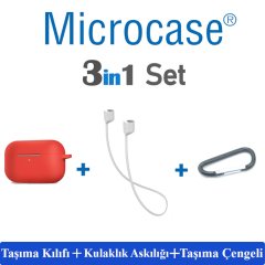 Microcase Airpods Pro Kulaklık ve Şarj Ünitesi için Silikon Kılıf + Kulaklık Askılık + Çengel - Kırmızı