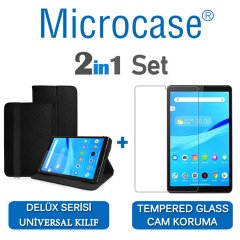Microcase Lenovo Tab M8 TB-8505F Delüx Serisi Universal Standlı Deri Kılıf - Siyah + Tempered Glass Cam Koruma