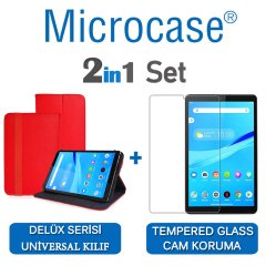 Microcase Lenovo Tab M8 TB-8505F Delüx Serisi Universal Standlı Deri Kılıf - Kırmızı + Tempered Glass Cam Koruma