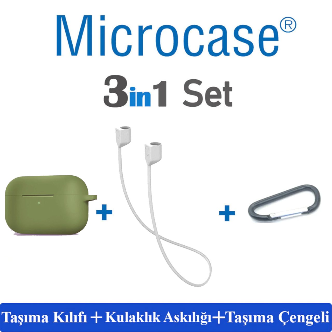 Microcase Airpods Pro Kulaklık ve Şarj Ünitesi için Silikon Kılıf + Kulaklık Askılık + Çengel - Yeşil