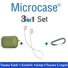 Microcase Airpods Pro Kulaklık ve Şarj Ünitesi için Silikon Kılıf + Kulaklık Askılık + Çengel - Yeşil