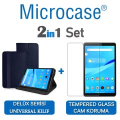 Microcase Lenovo Tab M8 TB-8505F Delüx Serisi Universal Standlı Deri Kılıf - Lacivert + Tempered Glass Cam Koruma