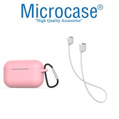 Microcase Airpods Pro Kulaklık ve Şarj Ünitesi için Silikon Kılıf + Kulaklık Askılık + Çengel - Pembe