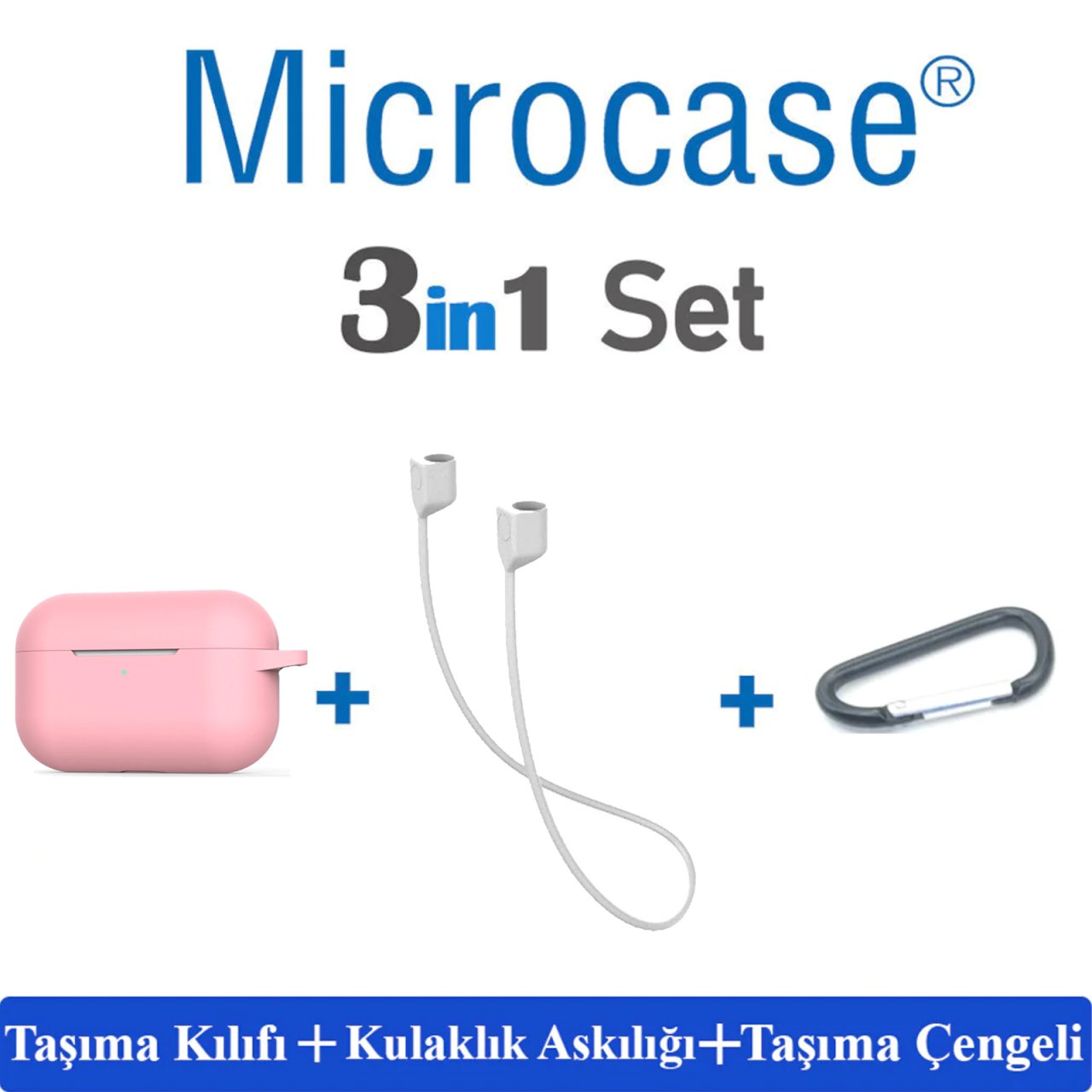 Microcase Airpods Pro Kulaklık ve Şarj Ünitesi için Silikon Kılıf + Kulaklık Askılık + Çengel - Pembe