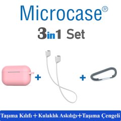 Microcase Airpods Pro Kulaklık ve Şarj Ünitesi için Silikon Kılıf + Kulaklık Askılık + Çengel - Pembe