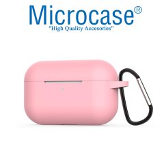 Microcase Airpods Pro Kulaklık ve Şarj Ünitesi için Silikon Kılıf + Kulaklık Askılık + Çengel - Pembe