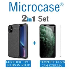 Microcase iPhone 11 Leather Tpu Silikon Kılıf - Siyah + Tempered Glass Cam Koruma