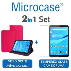 Microcase Lenovo Tab M8 TB-8505F Delüx Serisi Universal Standlı Deri Kılıf - Pembe + Tempered Glass Cam Koruma