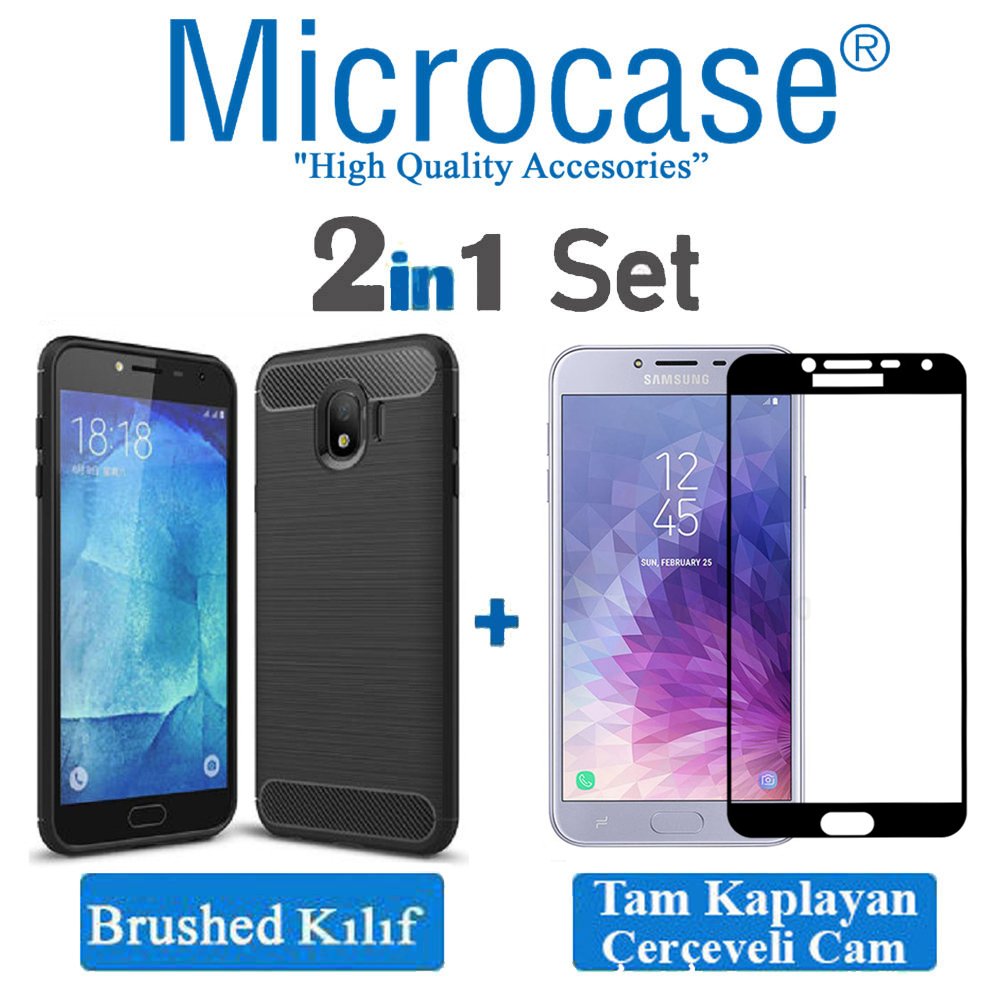 Samsung Galaxy J4 Brushed Silikon Kılıf + Tam Kaplayan Cam