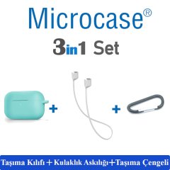 Microcase Airpods Pro Kulaklık ve Şarj Ünitesi için Silikon Kılıf + Kulaklık Askılık + Çengel - Turkuaz